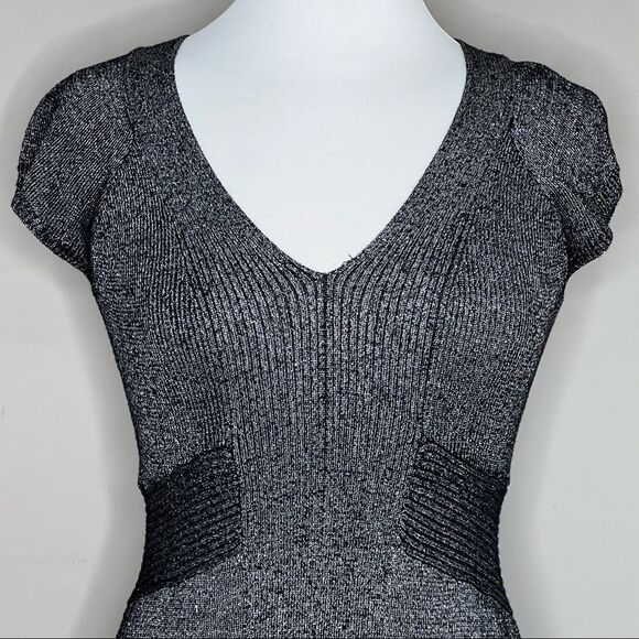 Kenar women’s Metallic Stretch Knit V-Neck A-Line Dress Black Silver Shimmer - Picture 3 of 6